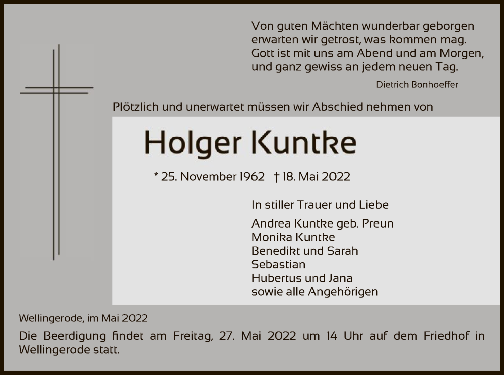 Traueranzeige für Holger Kuntke vom 25.05.2022 aus WRS