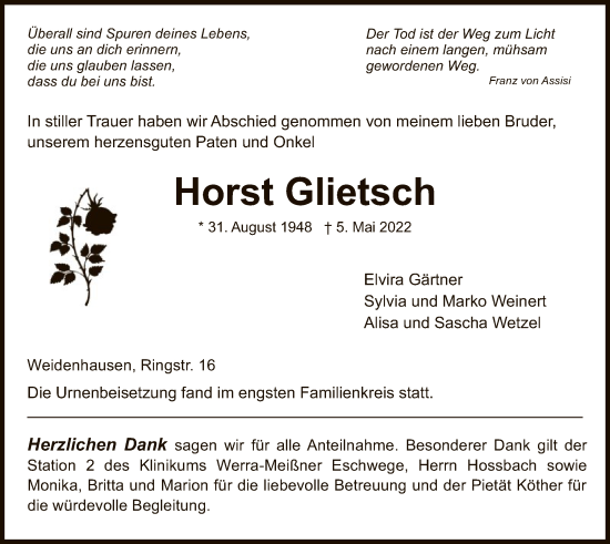 Traueranzeige von Horst Glietsch von WRS