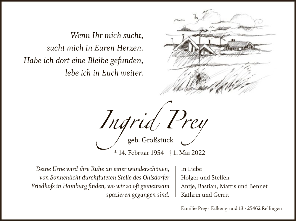  Traueranzeige für Ingrid Prey vom 07.05.2022 aus WRS