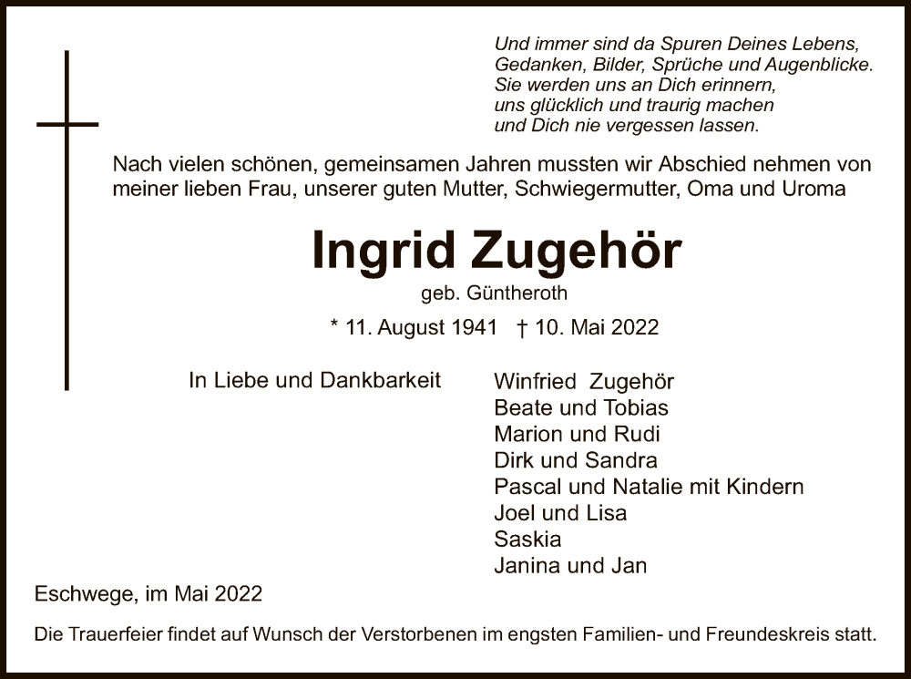  Traueranzeige für Ingrid Zugehör vom 21.05.2022 aus WRS