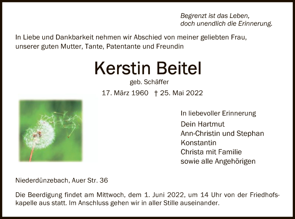  Traueranzeige für Kerstin Beitel vom 30.05.2022 aus WRS