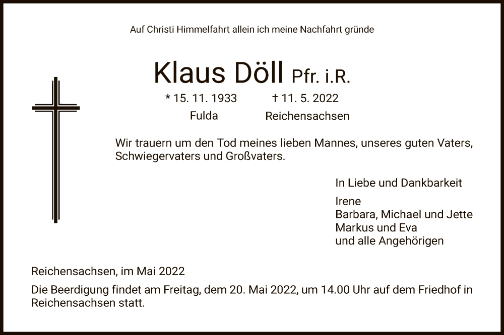  Traueranzeige für Klaus Döll vom 17.05.2022 aus WRS