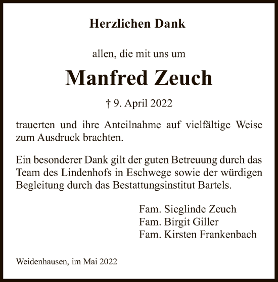 Traueranzeige von Manfred Zeuch von WRS