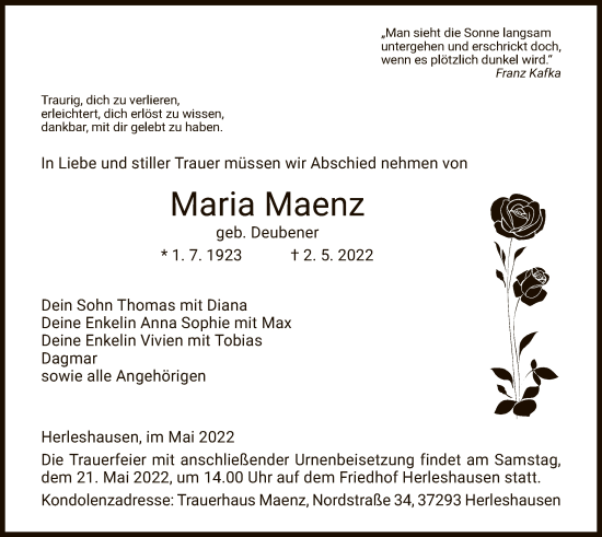 Traueranzeige von Maria Maenz von WRS