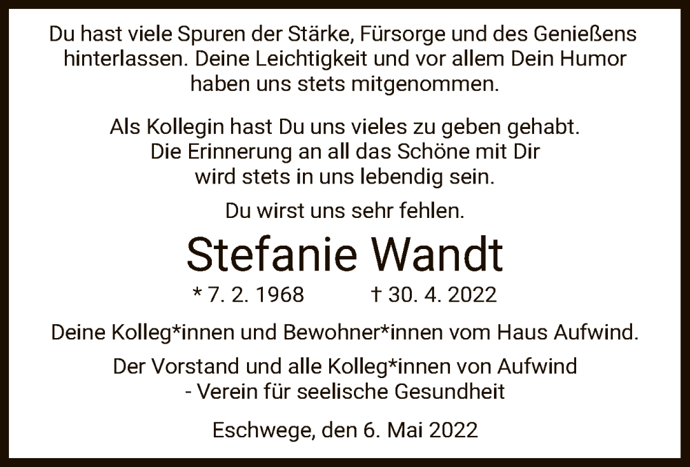  Traueranzeige für Stefanie Wandt vom 06.05.2022 aus WRS