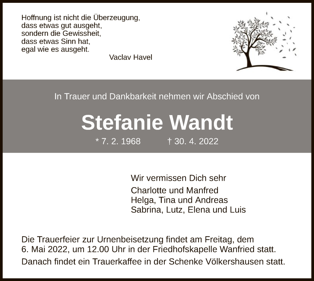  Traueranzeige für Stefanie Wandt vom 04.05.2022 aus WRS