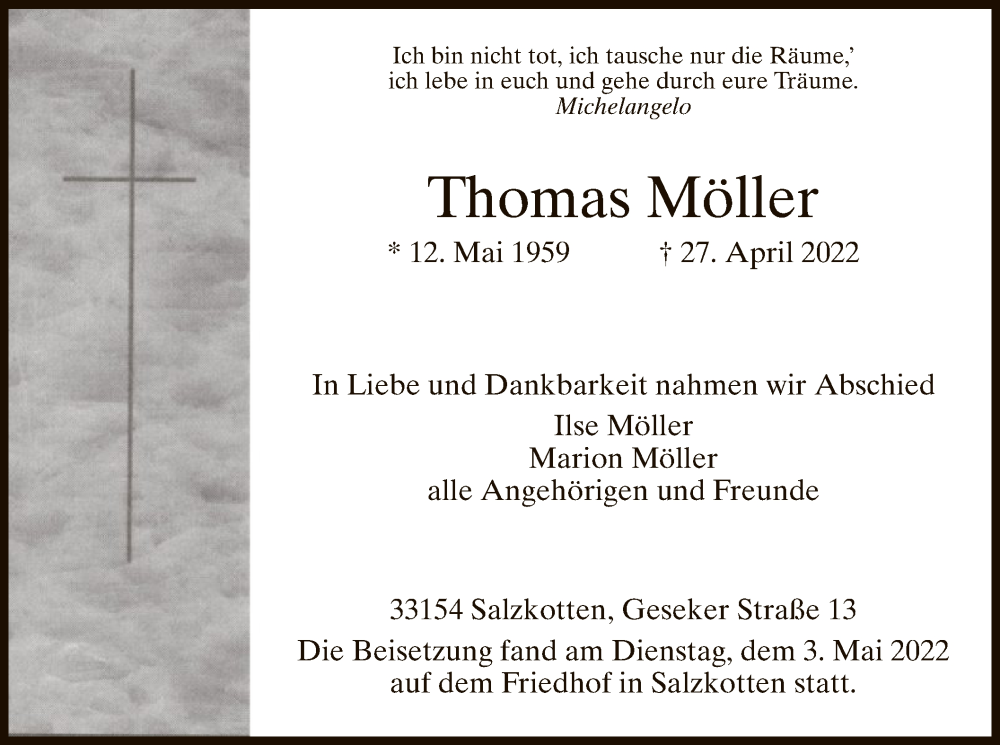  Traueranzeige für Thomas Möller vom 07.05.2022 aus WRS