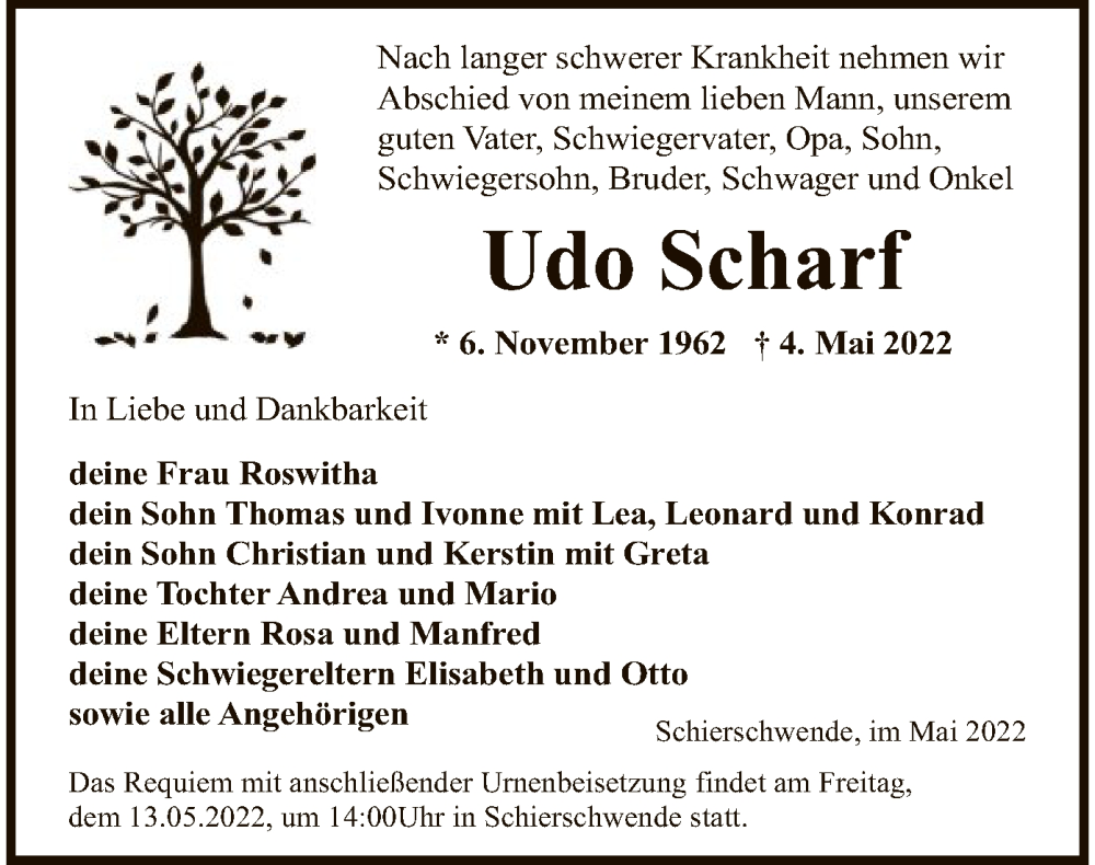  Traueranzeige für Udo Scharf vom 07.05.2022 aus WRS
