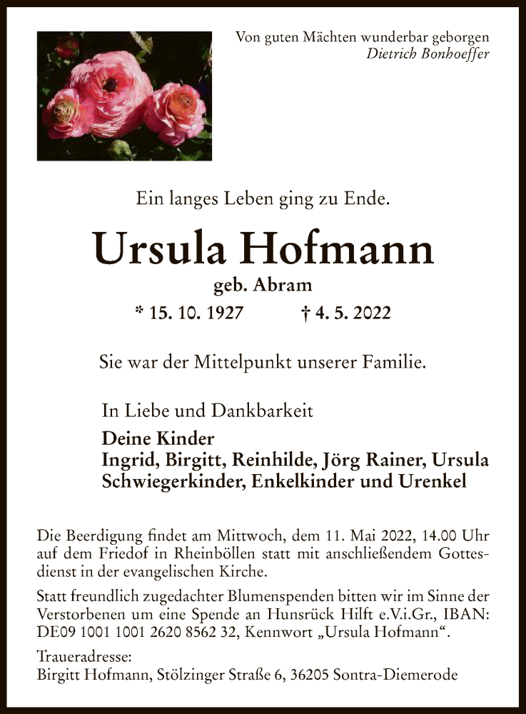  Traueranzeige für Ursula Hofmann vom 07.05.2022 aus WRS