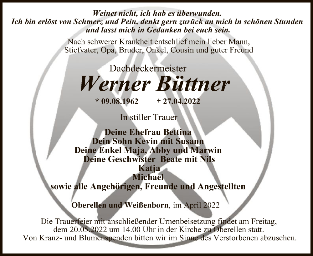  Traueranzeige für Werner Büttner vom 14.05.2022 aus WRS