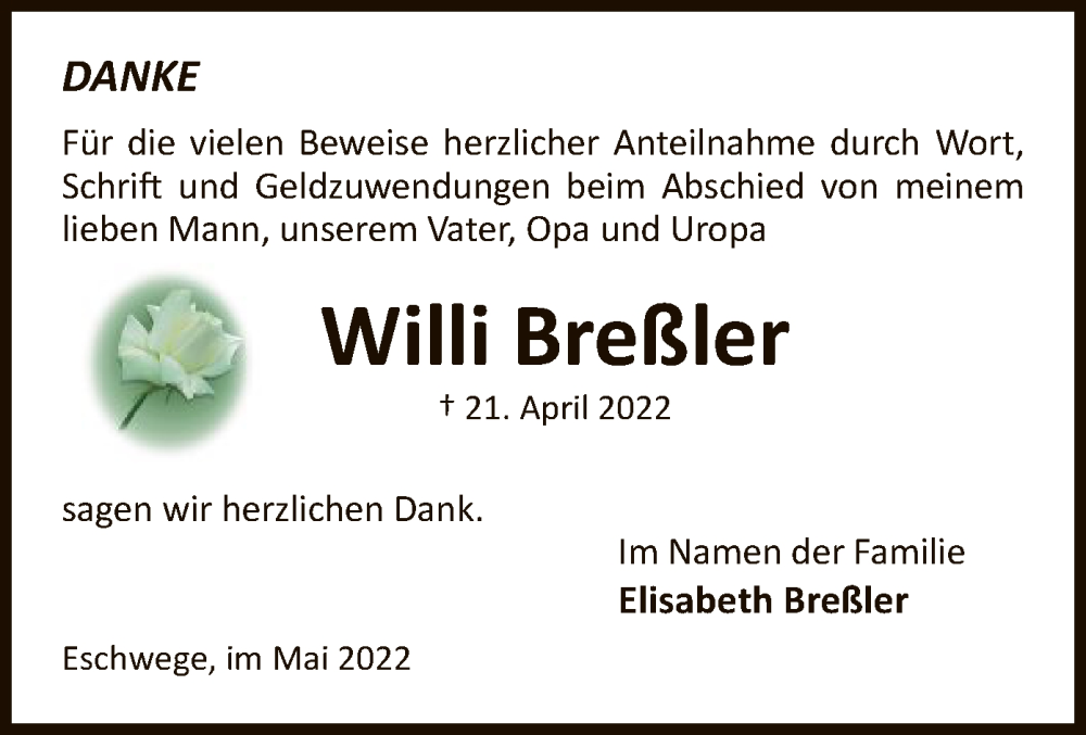  Traueranzeige für Willi Breßler vom 14.05.2022 aus WRS
