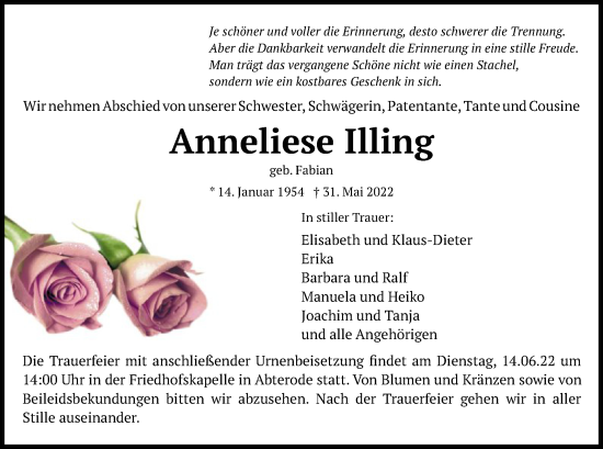 Traueranzeige von Anneliese Illing von WRS