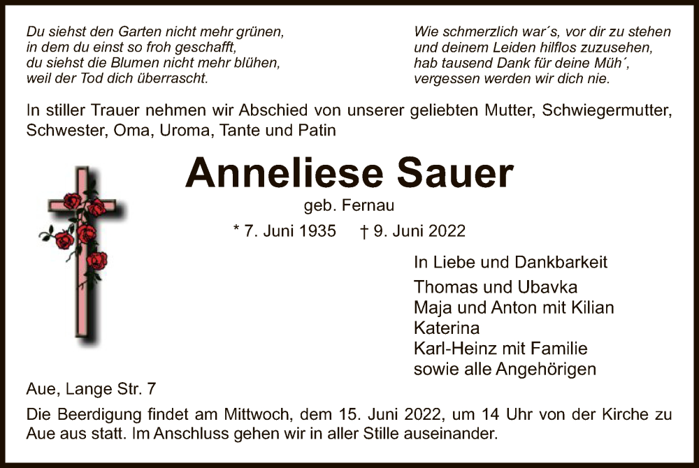  Traueranzeige für Anneliese Sauer vom 14.06.2022 aus WRS