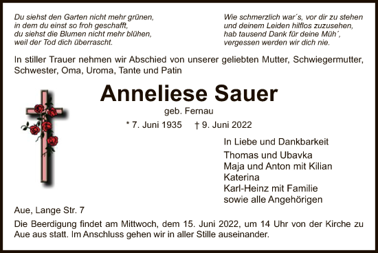 Traueranzeige von Anneliese Sauer von WRS