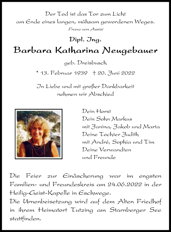 Traueranzeige von Barbara Katharina Neugebauer von WRS