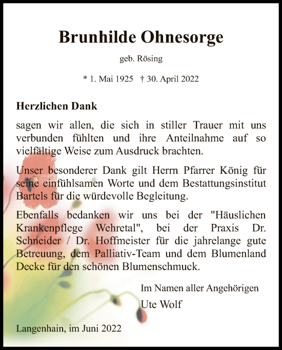 Traueranzeige von Brunhilde Ohnesorge von WRS