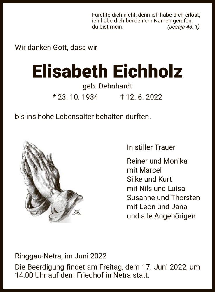  Traueranzeige für Elisabeth Eichholz vom 15.06.2022 aus WRS