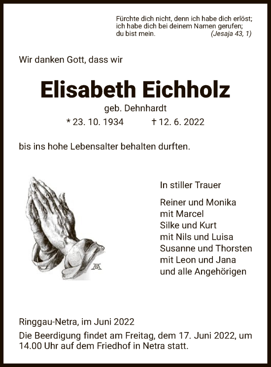 Traueranzeige von Elisabeth Eichholz von WRS