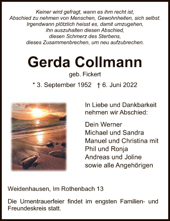 Traueranzeige von Gerda Collmann von WRS