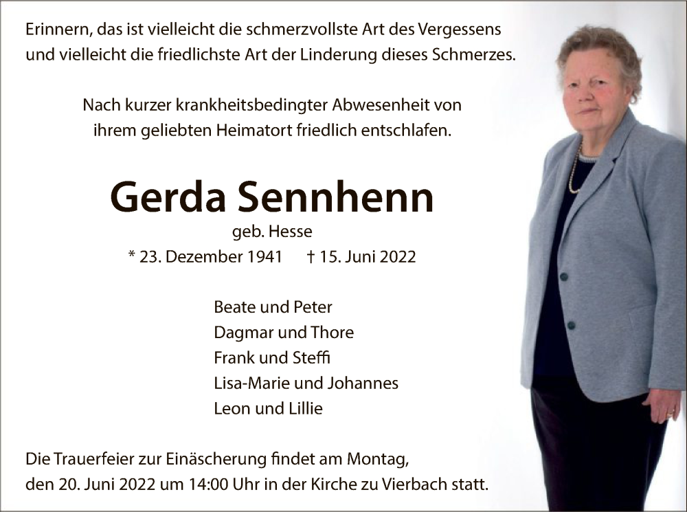  Traueranzeige für Gerda Sennhenn vom 18.06.2022 aus WRS