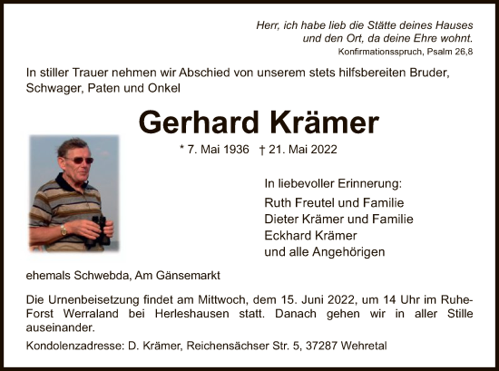 Traueranzeige von Gerhard Krämer von WRS