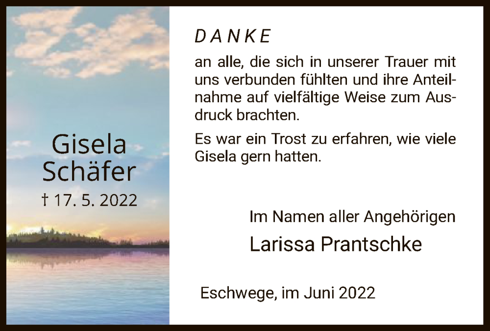  Traueranzeige für Gisela Schäfer vom 04.06.2022 aus WRS