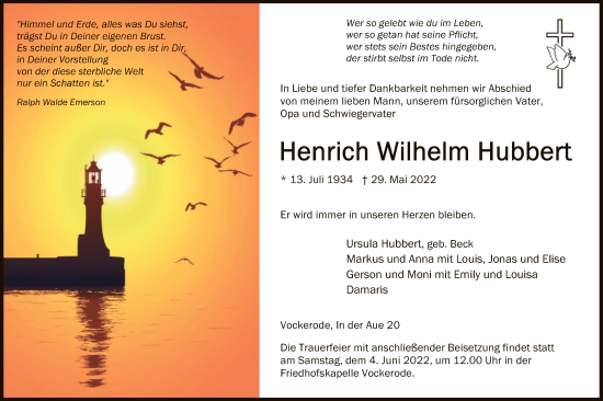 Traueranzeige von Henrich Wilhelm Hubbert von WRS