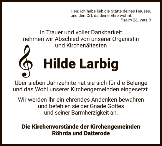 Traueranzeige von Hilde Larbig von WRS