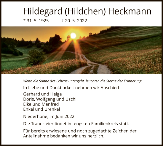 Traueranzeige von Hildegard Heckmann von WRS