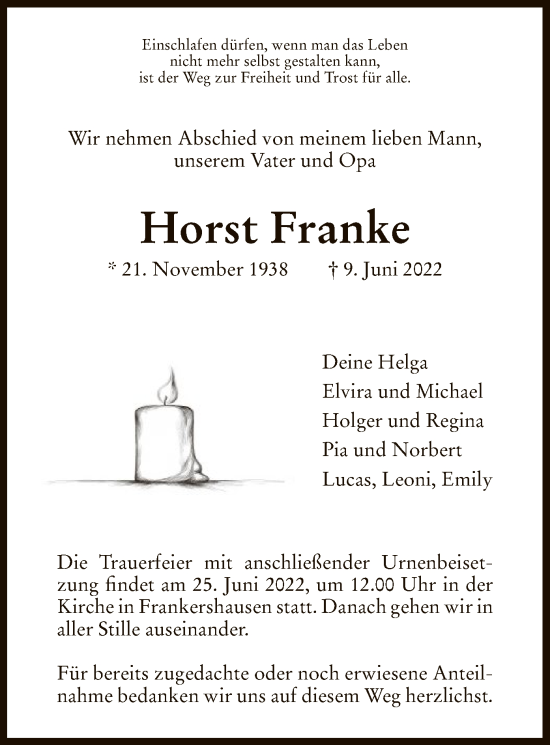 Traueranzeige von Horst Franke von WRS
