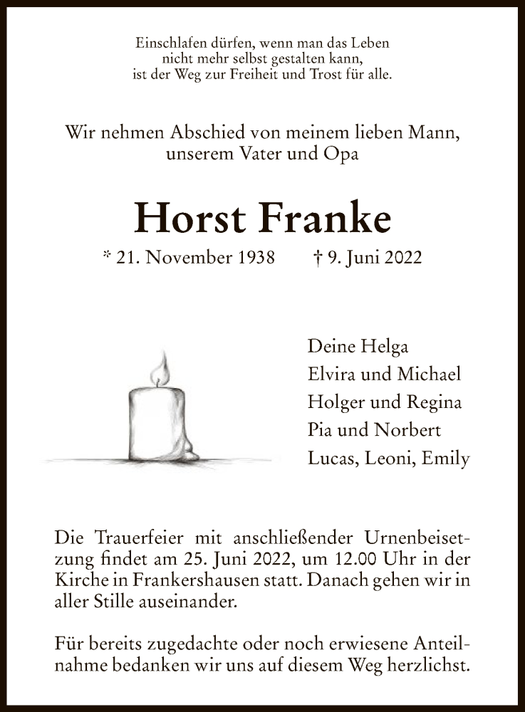  Traueranzeige für Horst Franke vom 18.06.2022 aus WRS
