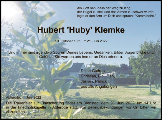 Traueranzeige von Hubert Klemke von WRS
