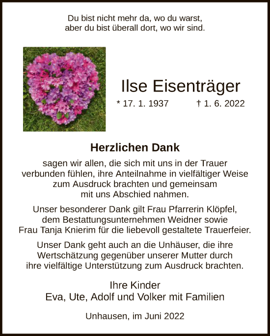 Traueranzeige von Ilse Eisenträger von WRS