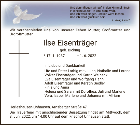 Traueranzeige von Ilse Eisenträger von WRS