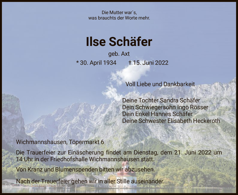  Traueranzeige für Ilse Schäfer vom 18.06.2022 aus WRS