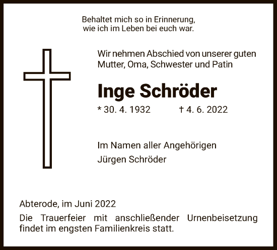 Traueranzeige von Inge Schröder von WRS