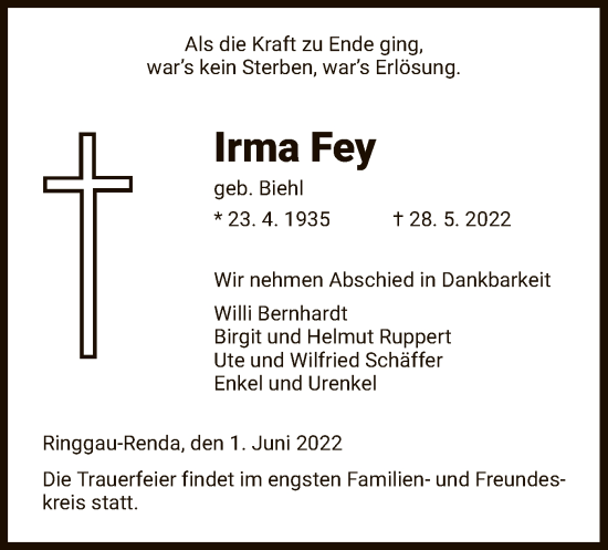 Traueranzeige von Irma Fey von WRS