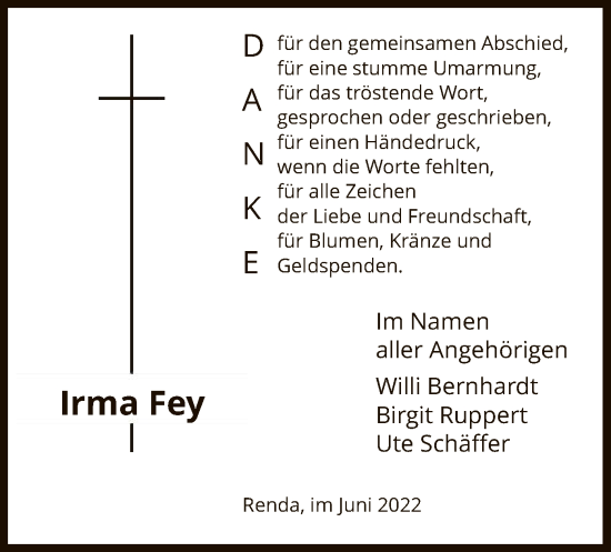 Traueranzeige von Irma Fey von WRS