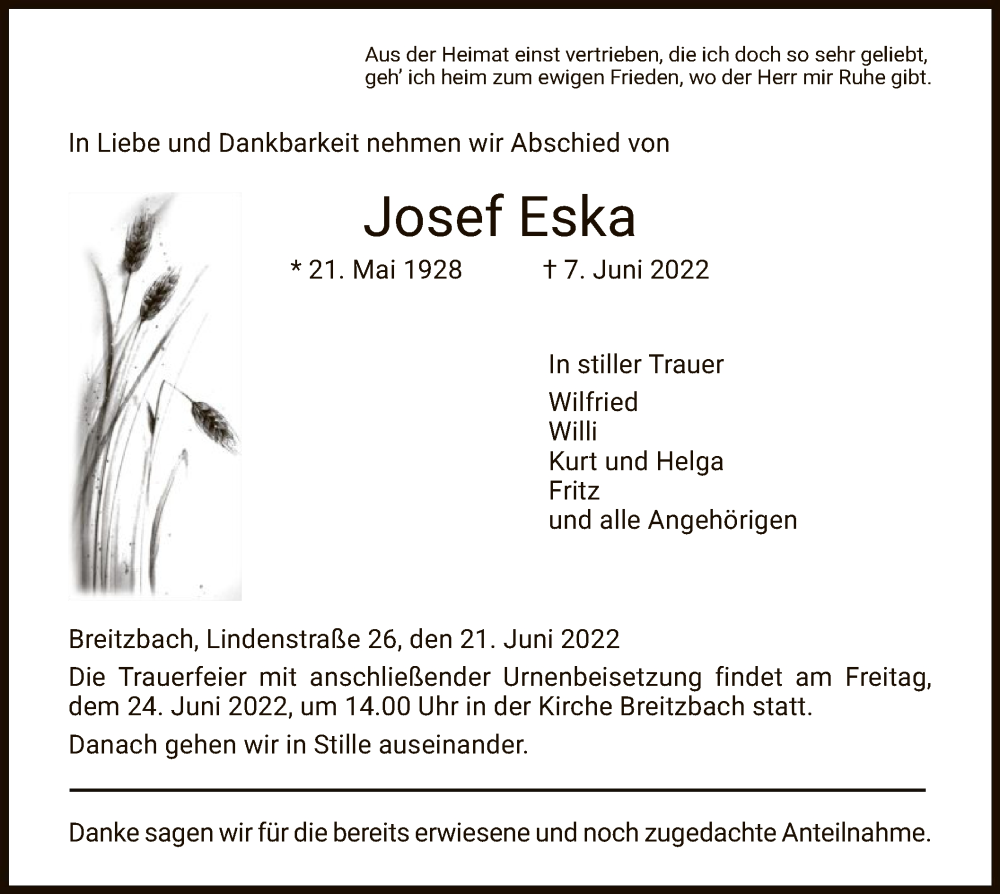  Traueranzeige für Josef Eska vom 21.06.2022 aus WRS