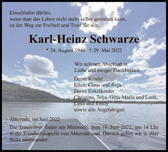 Traueranzeige von Karl-Heinz Schwarze von WRS