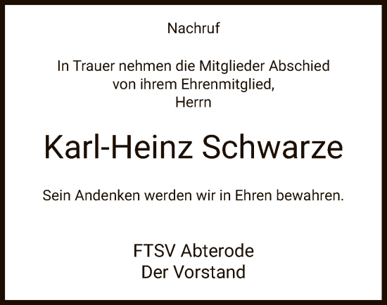 Traueranzeige von Karl-Heinz Schwarze von WRS