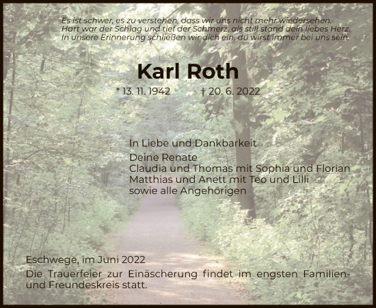 Traueranzeige von Karl Roth von WRS