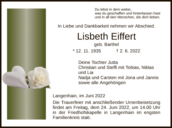 Traueranzeige von Lisbeth Eiffert von WRS