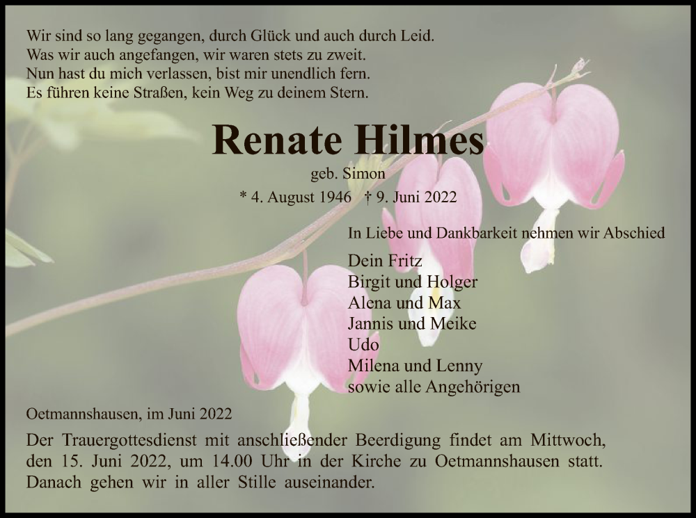  Traueranzeige für Renate Hilmes vom 14.06.2022 aus WRS