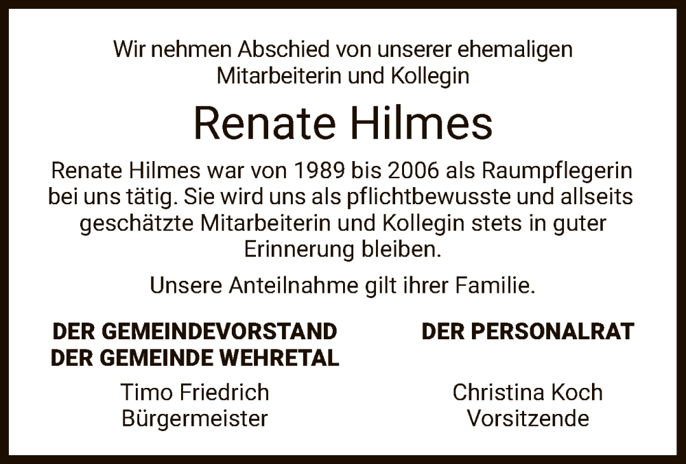  Traueranzeige für Renate Hilmes vom 15.06.2022 aus WRS
