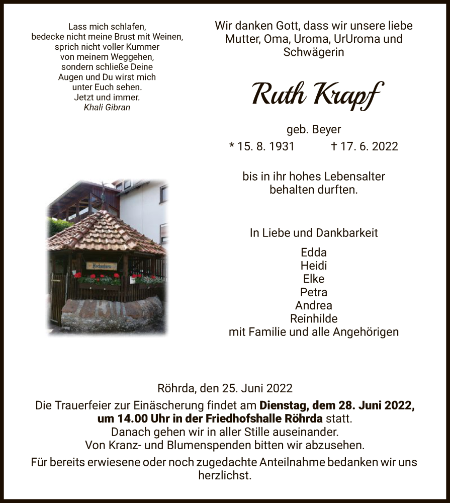  Traueranzeige für Ruth Krapf vom 25.06.2022 aus WRS