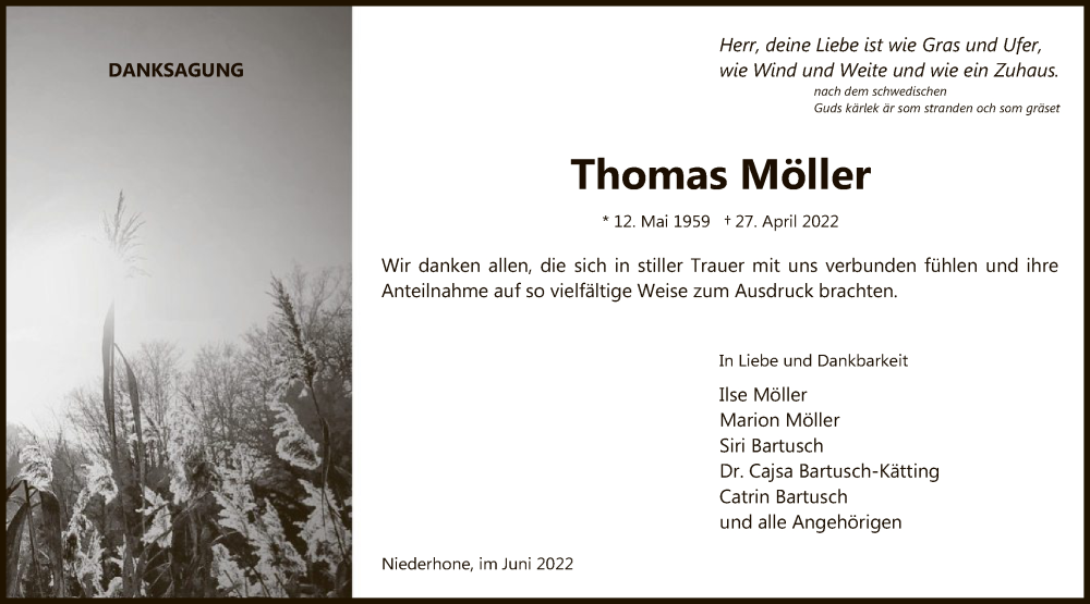  Traueranzeige für Thomas Möller vom 18.06.2022 aus WRS