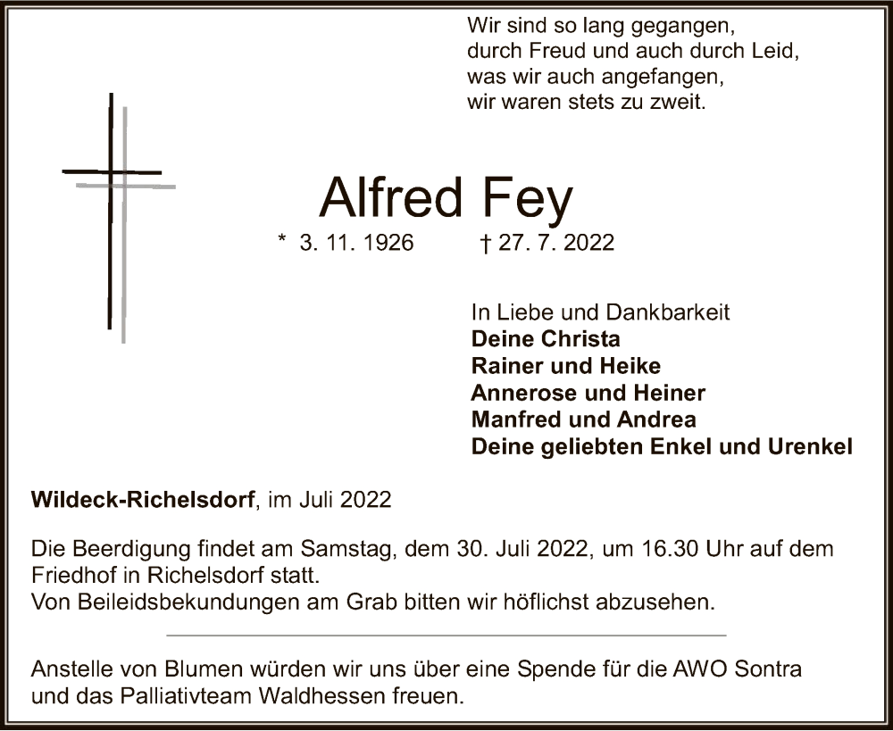  Traueranzeige für Alfred Fey vom 29.07.2022 aus WRS