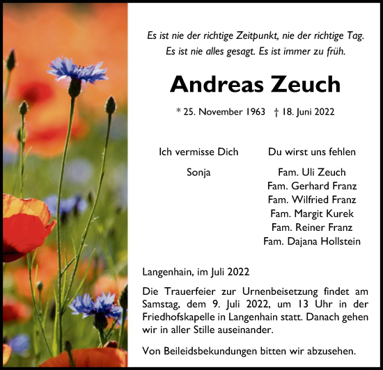 Traueranzeige von Andreas Zeuch von WRS