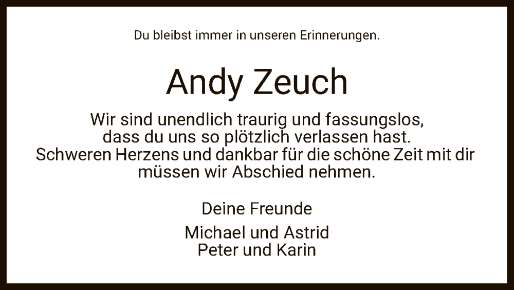  Traueranzeige für Andreas Zeuch vom 06.07.2022 aus WRS